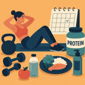 The Ultimate Guide to Fitness, Nutrition, and Self-Care in 2025 1 uma mulher fazendo abdominais com comida e um calendário